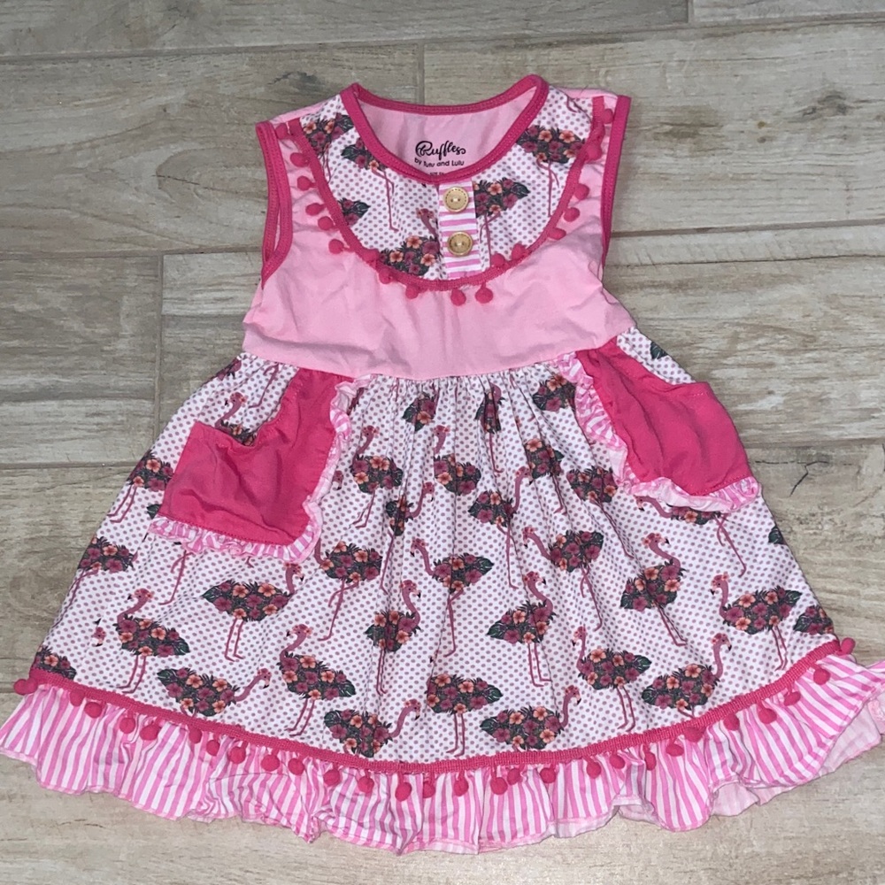 Ruffles Ny Tutu and Lulu Girls 5T Pink Flamingo Dress Pockets and Pom Pom Trim
